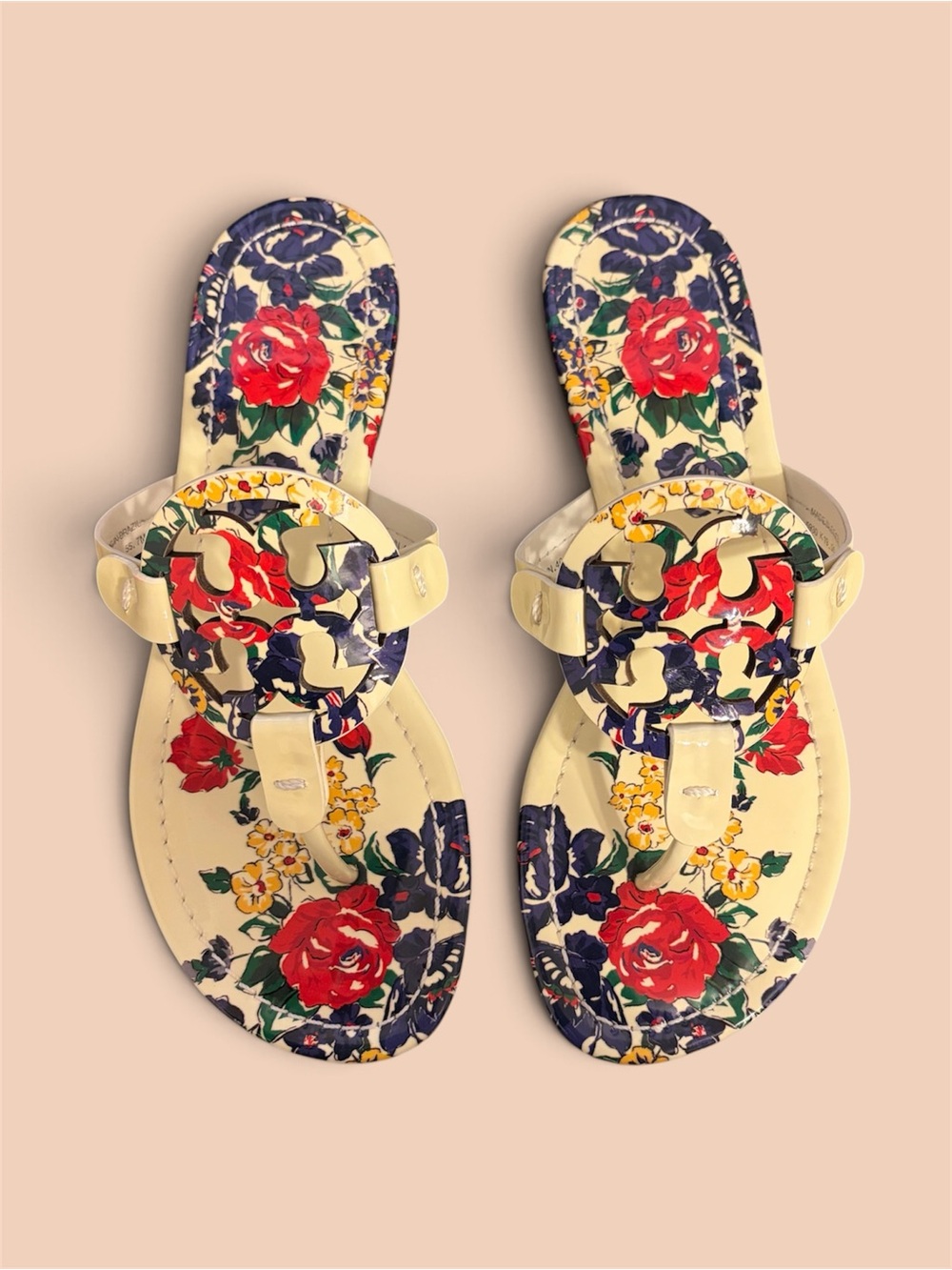 Tory Burch Ivory Floral Logo Thong Sandals